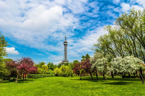 Grüne Wiese mit blühenden Bäumen im Petrin Park, Prag. Der Petrin-Turm ragt im Hintergrund empor. Der Himmel ist teils bewölkt, von der Sonne beleuchtet.
