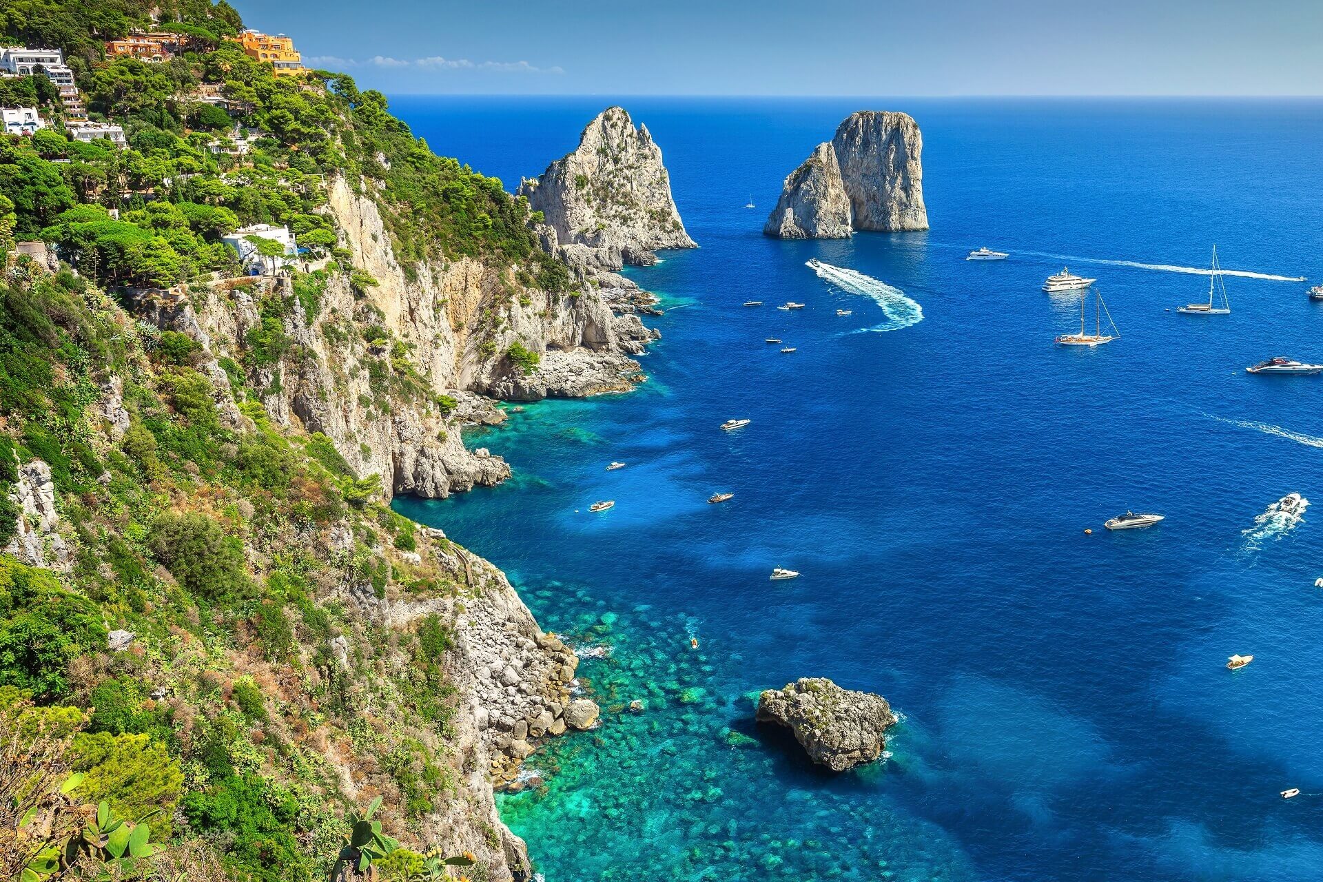 Steile, grüne Klippen links, dahinter das blaue Meer mit weißen Segelbooten und den markanten Faraglioni-Felsen im Wasser. Der Himmel ist klar und blau.