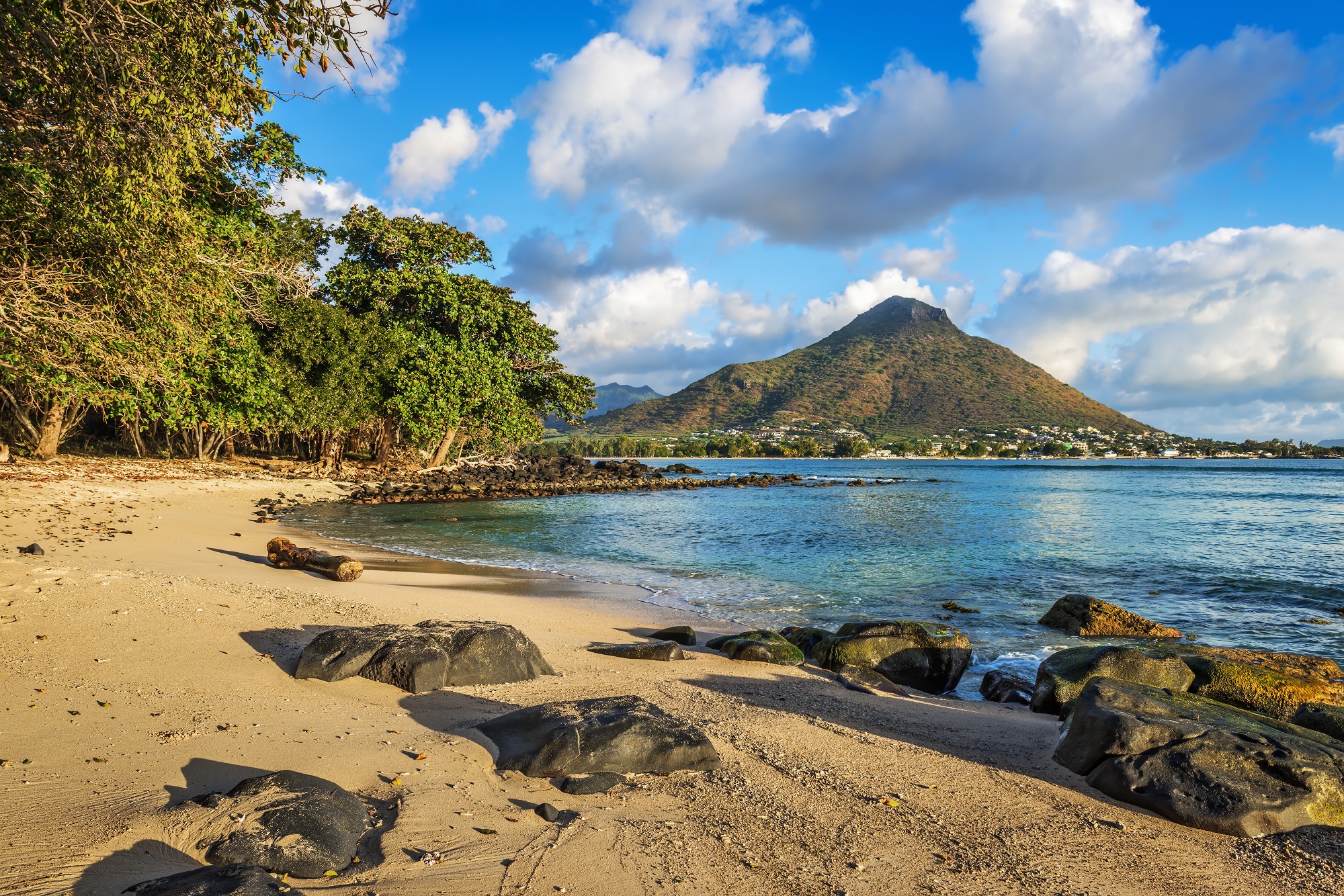 Der goldgelbe Sandstrand der Tamarin Bucht leuchtet im Licht der untergehenden Sonne und bietet einen wunderschönen Ausblick auf einen dicht bewachsenen Berg.