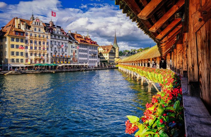 Lucerne, Switzerland, view from the famous wooden Chapel Bridge