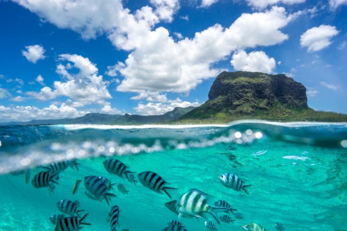 Klares türkisfarbenes Wasser im Vordergrund mit gestreiften Fischen, darüber der Horizont. Im Hintergrund erhebt sich ein mächtiger Berg unter einem blauen Himmel mit weißen Wolken.