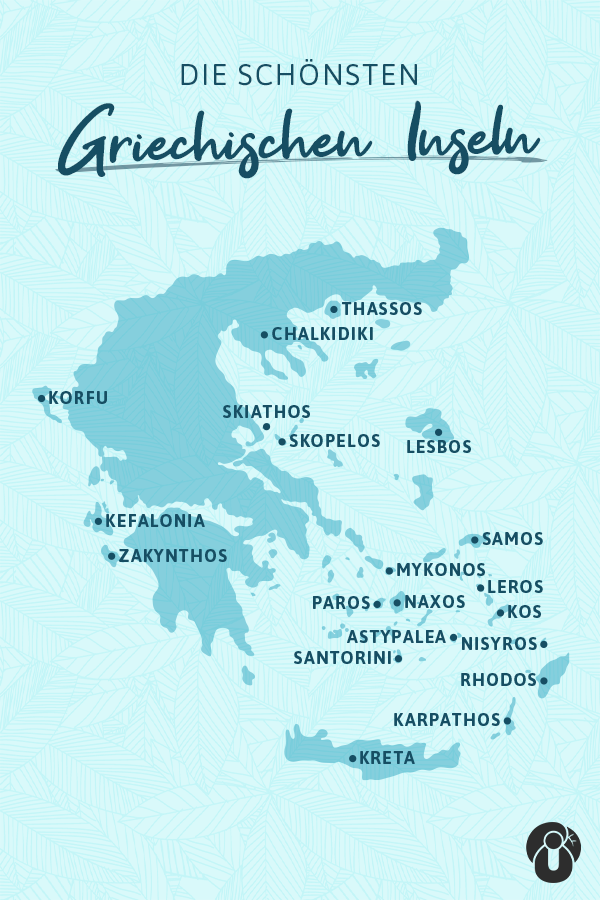 Hellblaue Illustration der schönsten griechischen Inseln in Dunkelblau mit Namen, verteilt auf einer Karte Griechenlands, vor Palmblattmuster-Hintergrund.