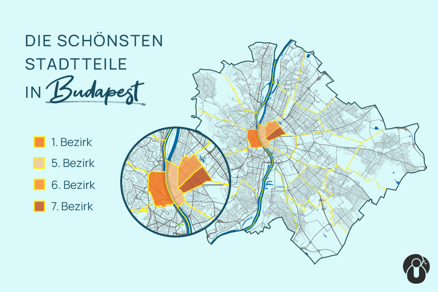 Landkarte von Budapest mit hervorgehobenen Stadtteilen: 1. Bezirk (gelb), 5. Bezirk (hellgelb), 6. Bezirk (orange), 7. Bezirk (dunkelorange). Links steht der Text