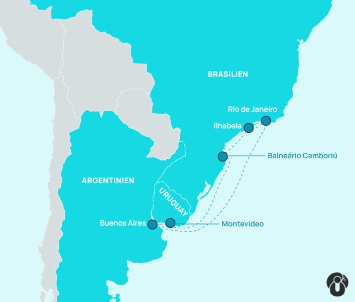 Karte der Südamerika Kreuzfahrtroute mit Stopps in Buenos Aires, Montevideo, Balneário Camboriú, Ilhabela und Rio de Janeiro. Die Route verläuft entlang der östlichen Küste von Argentinien, Uruguay und Brasilien.